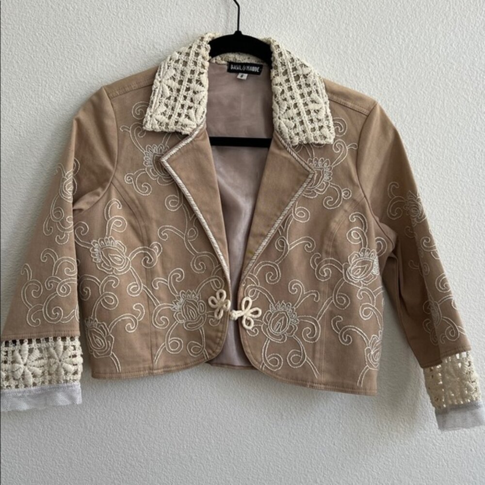BASIL & MAUDE Anthropologie Embroidered Lace Tulle Crop Bolero Blazer Jacket S